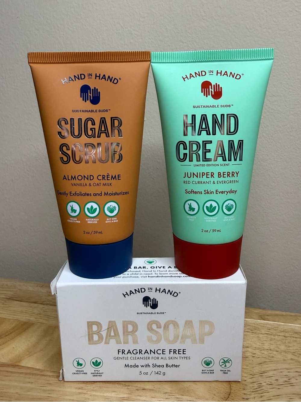 Hand in Hand Sugar Scrub, Bar Soap, and Juniper Berry Hand Cream